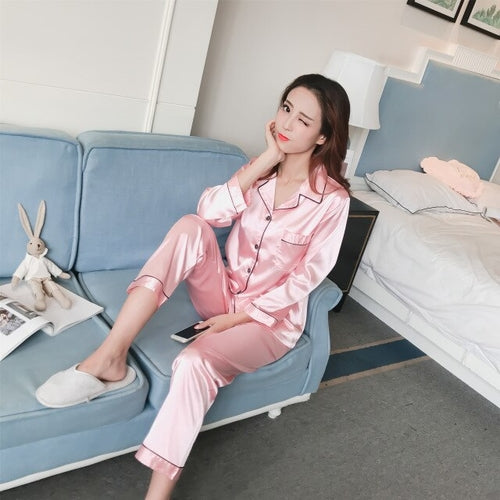 Women Satin Silk Pajamas Sets Pijama Turn-Down